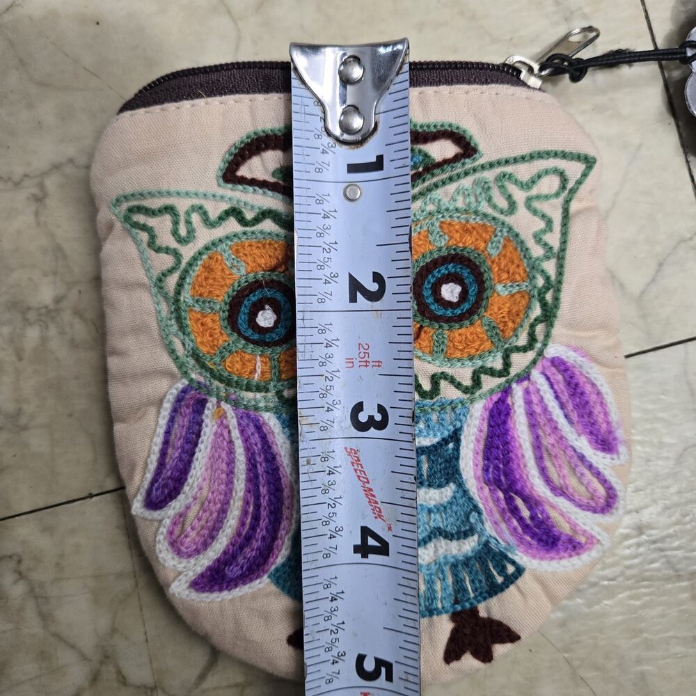 Pier One Small Coind Purse Embroidered Owl Zip - Picture 4 of 5